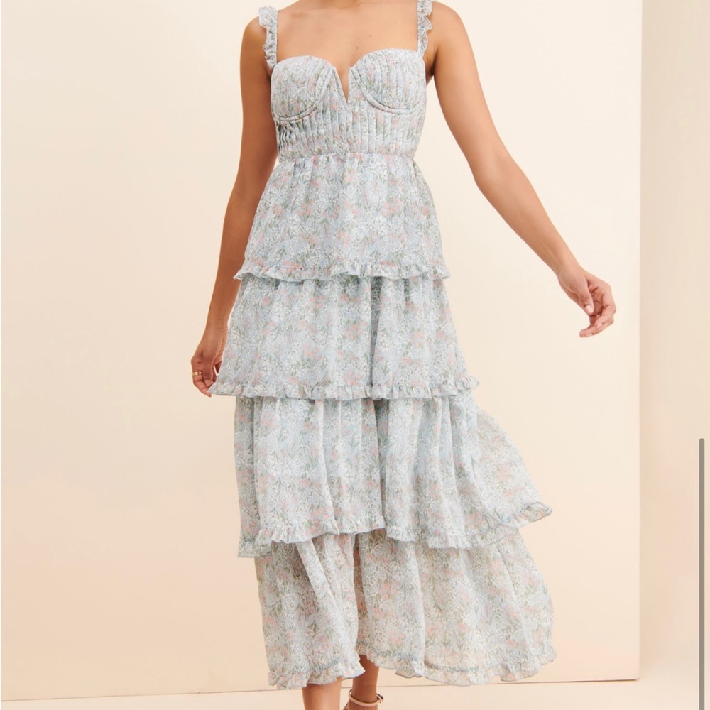 Tiered Floral Midi Dress in Light Blue